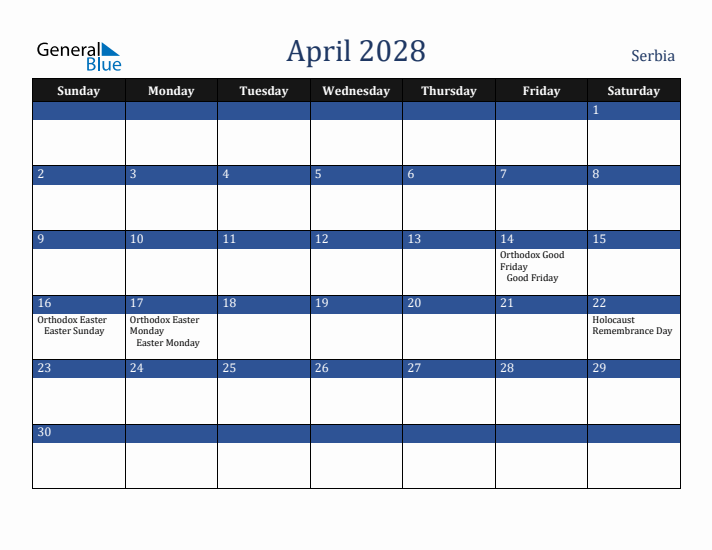 April 2028 Serbia Calendar (Sunday Start)