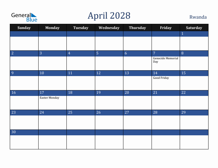 April 2028 Rwanda Calendar (Sunday Start)