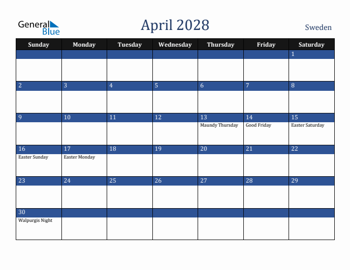 April 2028 Sweden Calendar (Sunday Start)