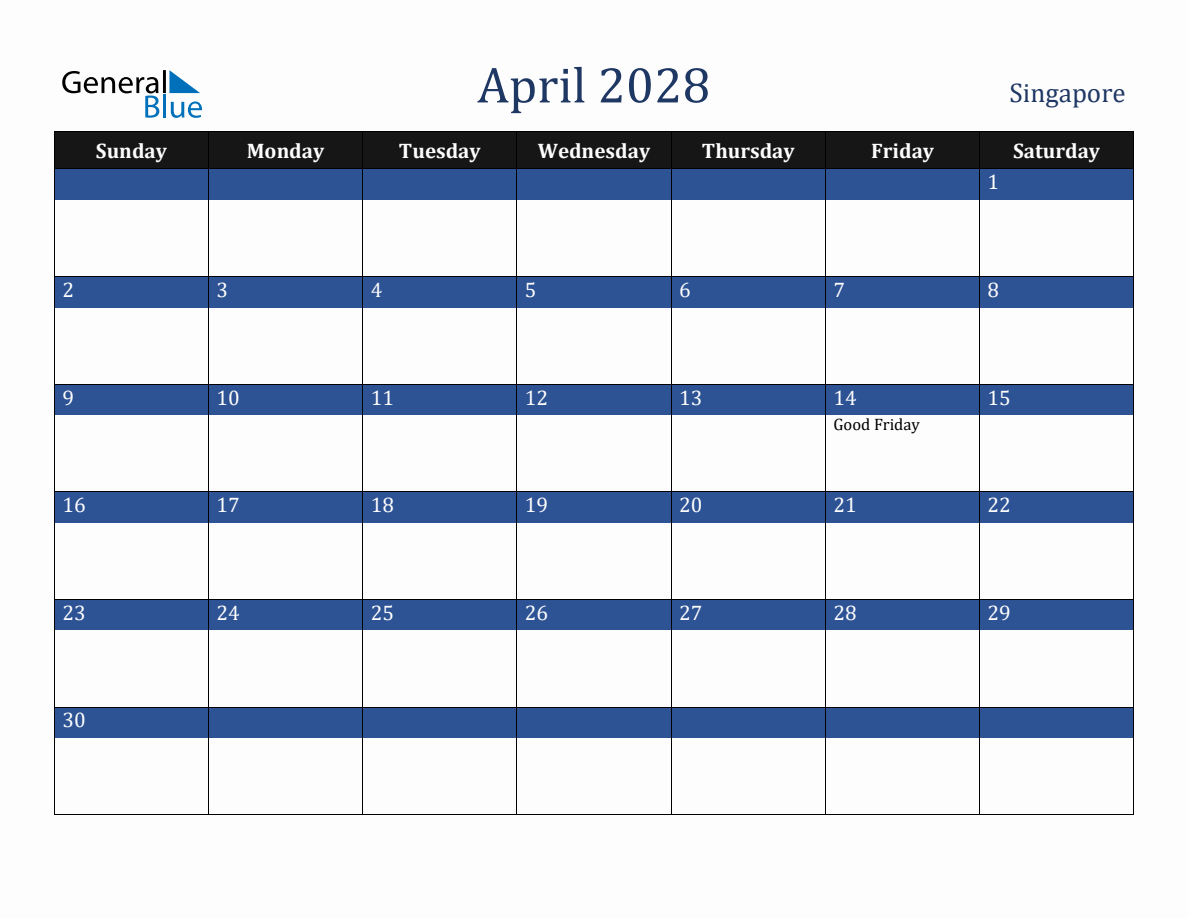 April 2028 Singapore Holiday Calendar