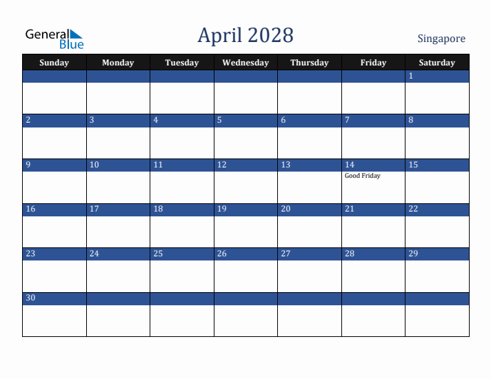 April 2028 Singapore Calendar (Sunday Start)