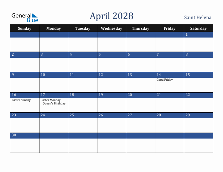 April 2028 Saint Helena Calendar (Sunday Start)