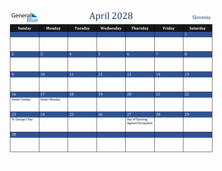 April 2028 Slovenia Calendar (Sunday Start)