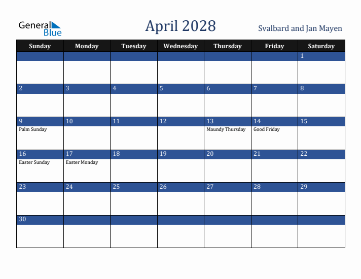 April 2028 Svalbard and Jan Mayen Calendar (Sunday Start)