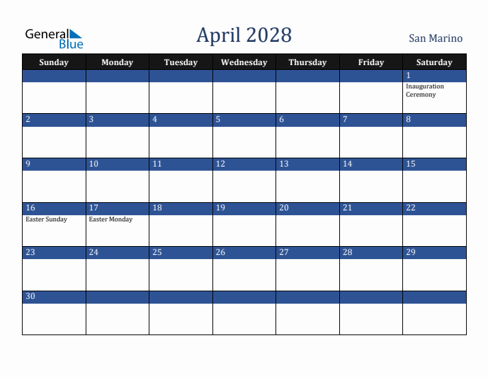 April 2028 San Marino Calendar (Sunday Start)