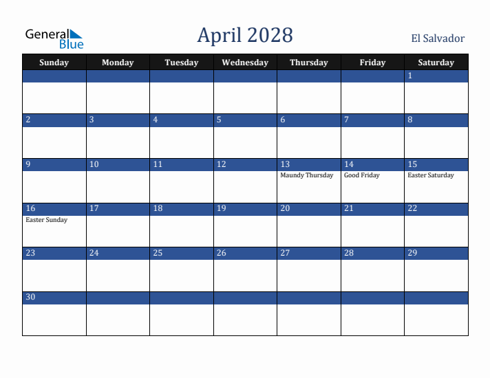 April 2028 El Salvador Calendar (Sunday Start)