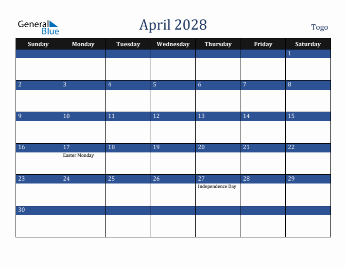April 2028 Togo Calendar (Sunday Start)