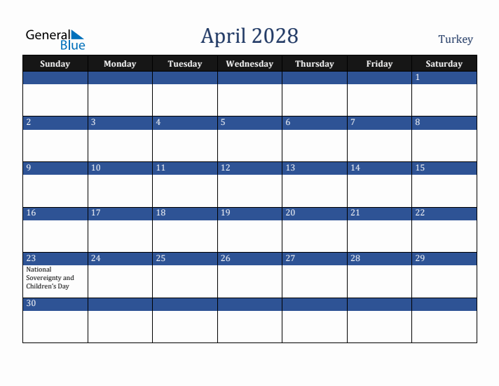 April 2028 Turkey Calendar (Sunday Start)