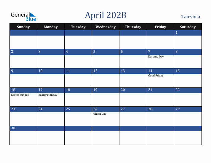 April 2028 Tanzania Calendar (Sunday Start)