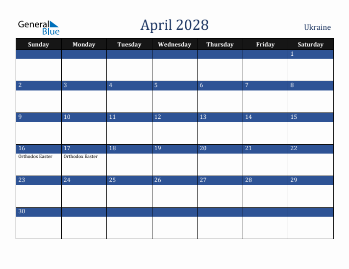 April 2028 Ukraine Calendar (Sunday Start)