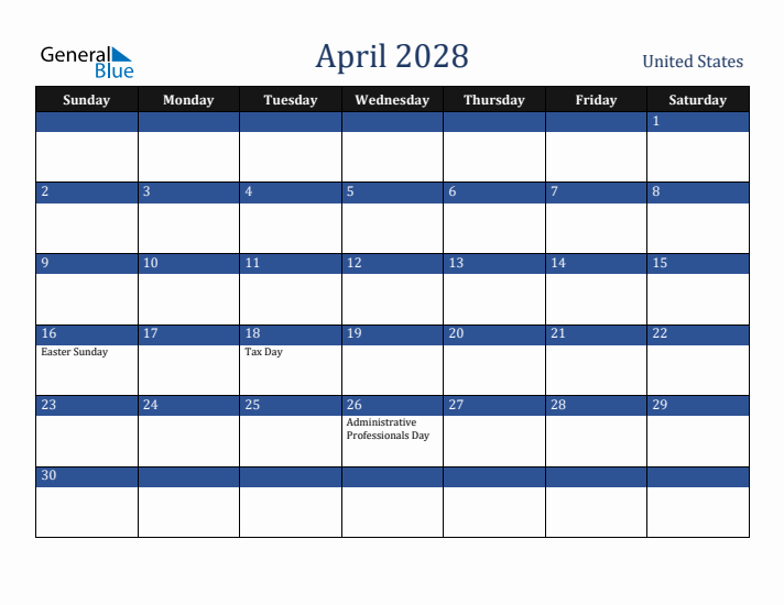 April 2028 United States Calendar (Sunday Start)