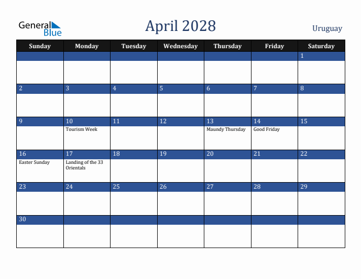April 2028 Uruguay Calendar (Sunday Start)