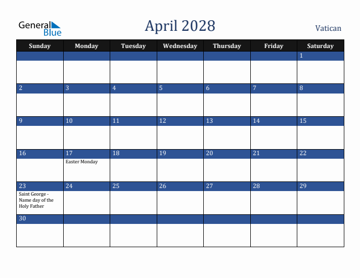 April 2028 Vatican Calendar (Sunday Start)