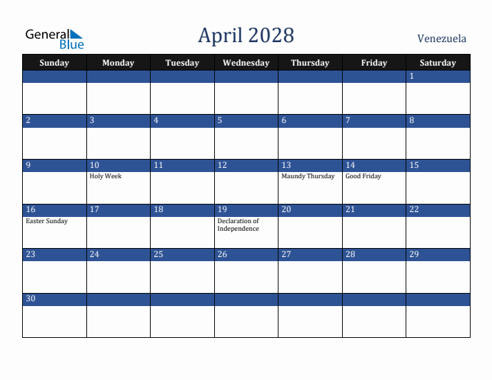 April 2028 Venezuela Calendar (Sunday Start)