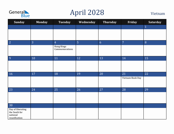 April 2028 Vietnam Calendar (Sunday Start)