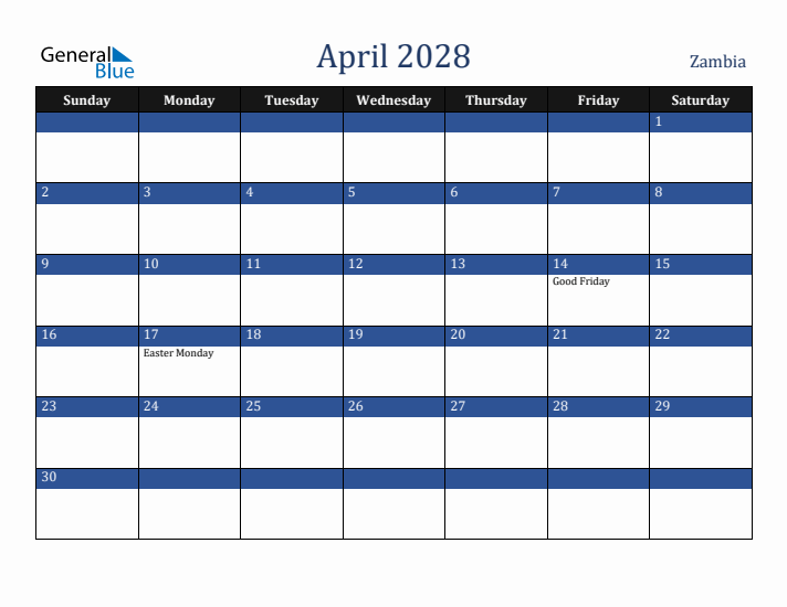 April 2028 Zambia Calendar (Sunday Start)