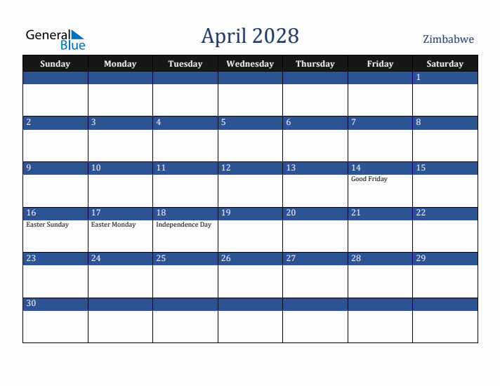 April 2028 Zimbabwe Calendar (Sunday Start)