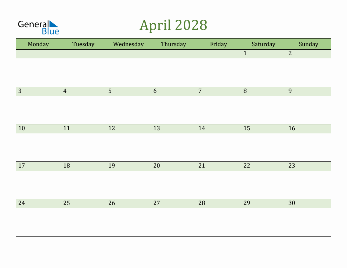 Fillable April 2028 Calendar