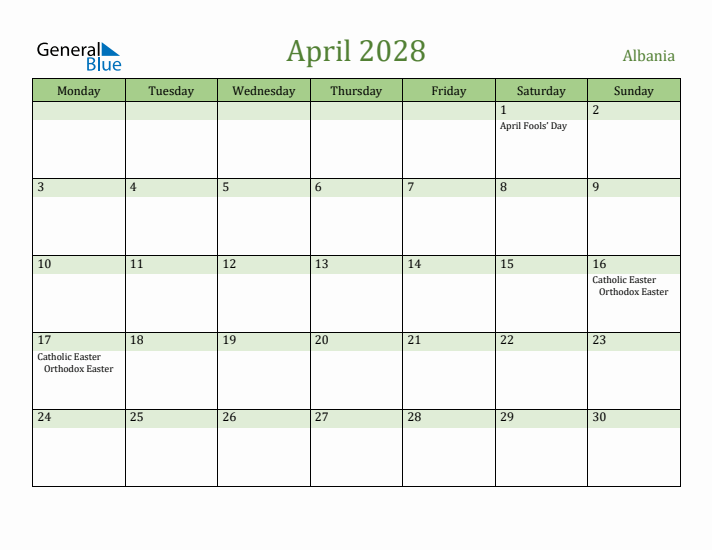April 2028 Calendar with Albania Holidays