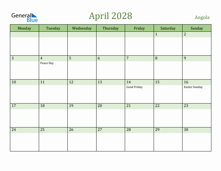 April 2028 Calendar with Angola Holidays