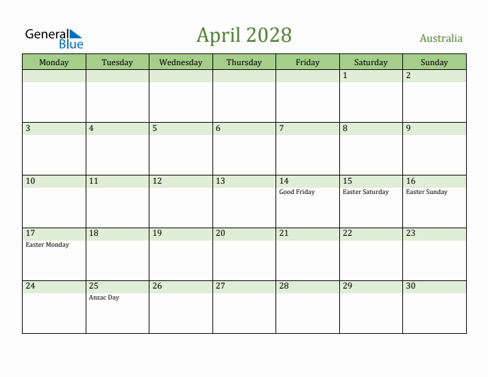 April 2028 Calendar with Australia Holidays