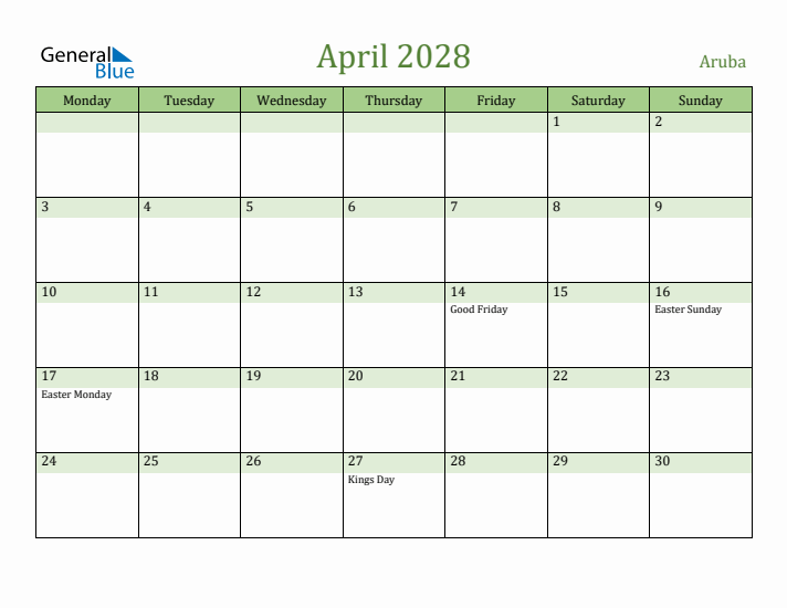 April 2028 Calendar with Aruba Holidays