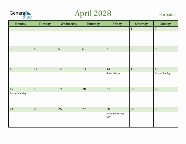 April 2028 Calendar with Barbados Holidays