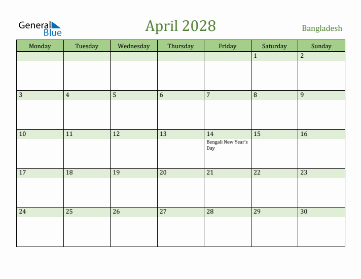 April 2028 Calendar with Bangladesh Holidays