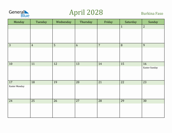 April 2028 Calendar with Burkina Faso Holidays