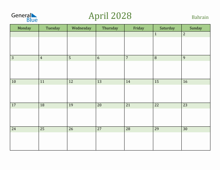 April 2028 Calendar with Bahrain Holidays
