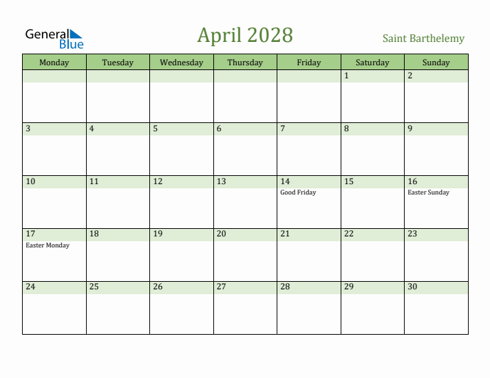 April 2028 Calendar with Saint Barthelemy Holidays