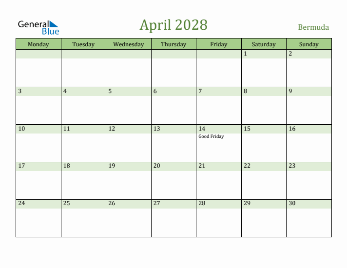 April 2028 Calendar with Bermuda Holidays