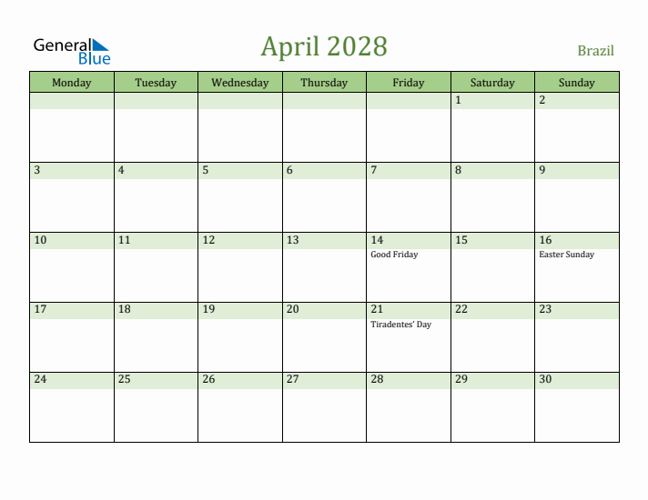 April 2028 Calendar with Brazil Holidays
