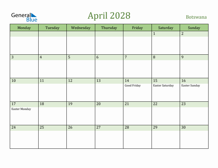 April 2028 Calendar with Botswana Holidays