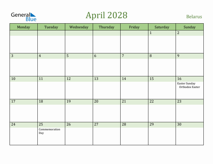 April 2028 Calendar with Belarus Holidays