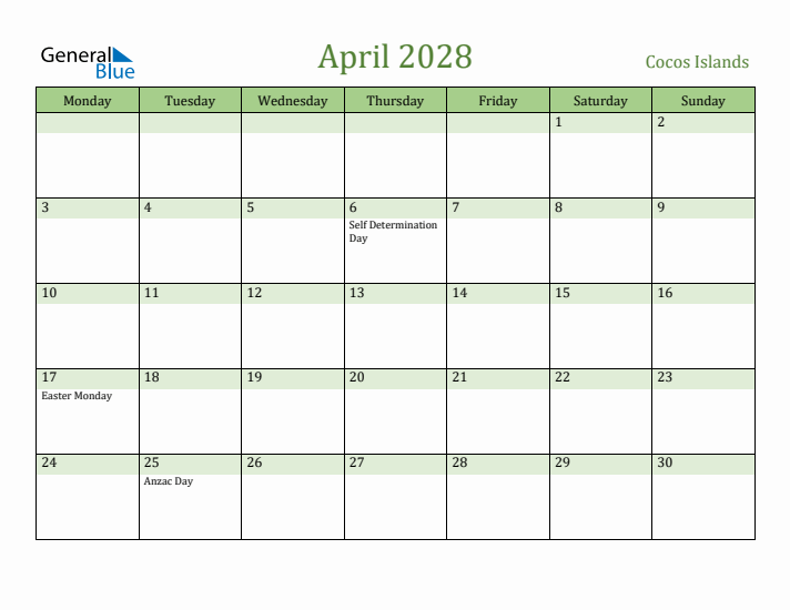 April 2028 Calendar with Cocos Islands Holidays