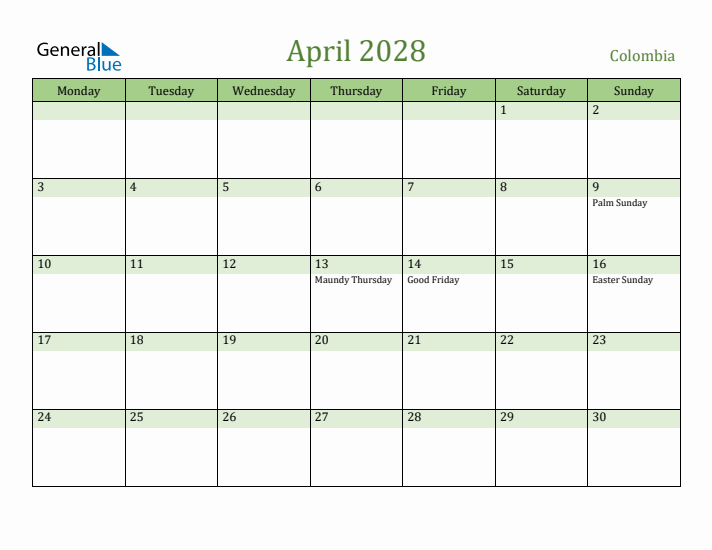 April 2028 Calendar with Colombia Holidays