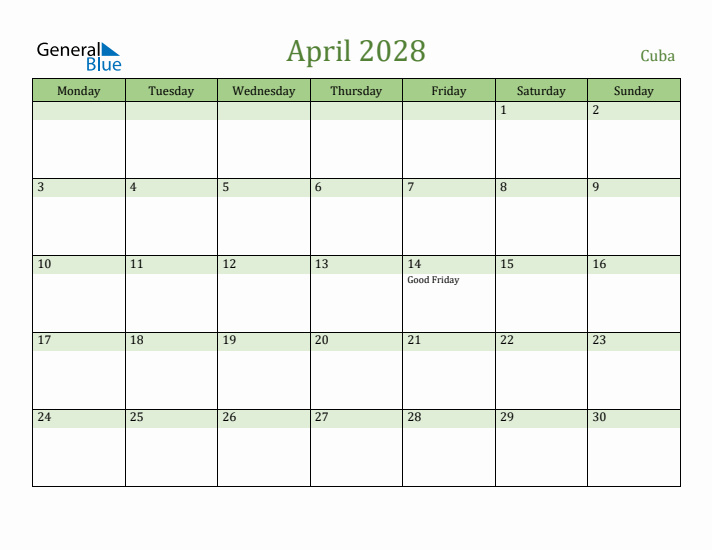 April 2028 Calendar with Cuba Holidays