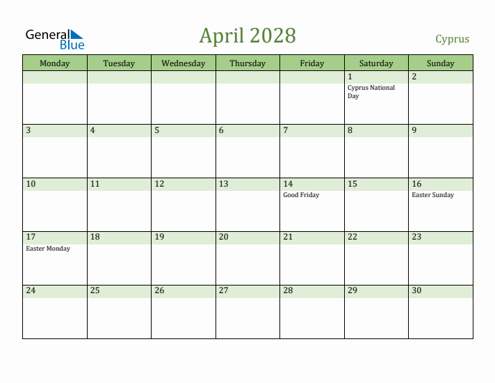 April 2028 Calendar with Cyprus Holidays
