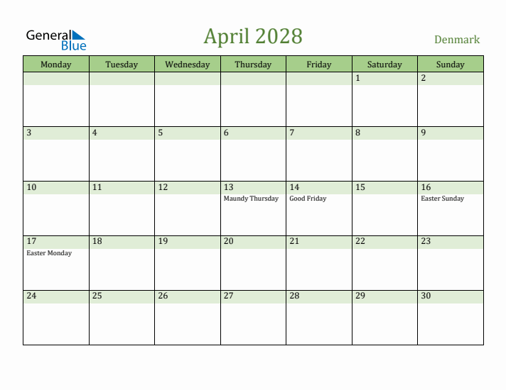 April 2028 Calendar with Denmark Holidays