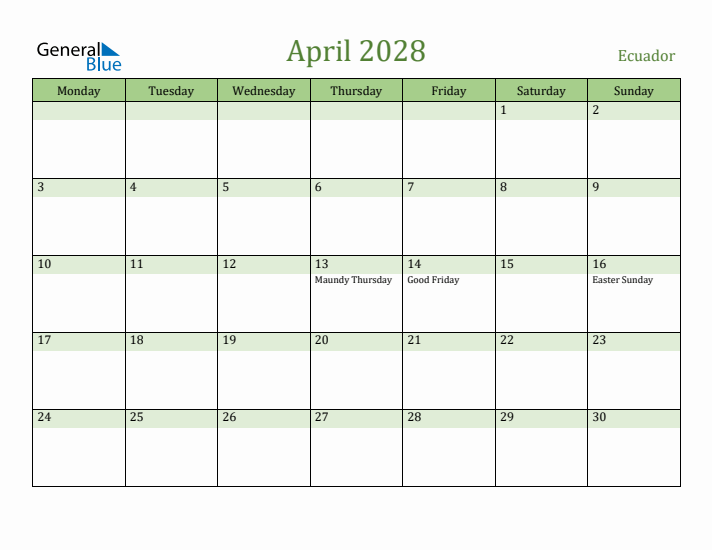 April 2028 Calendar with Ecuador Holidays