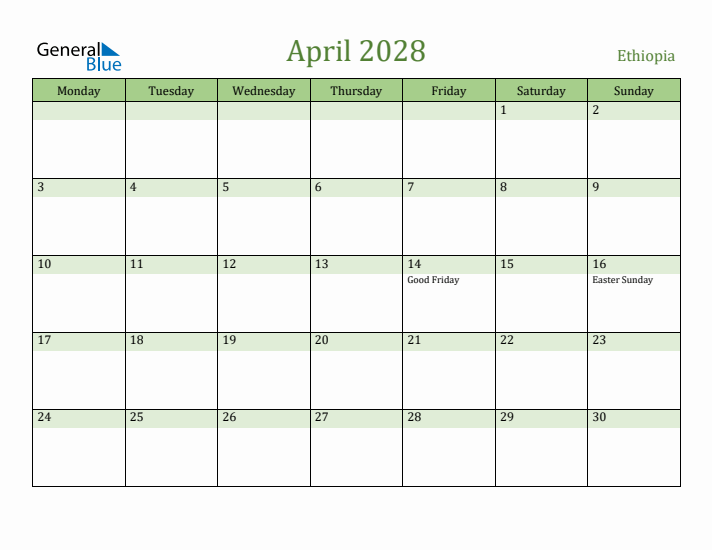 April 2028 Calendar with Ethiopia Holidays