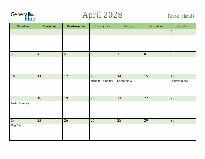April 2028 Calendar with Faroe Islands Holidays