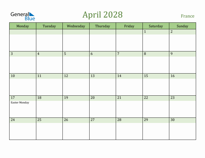 April 2028 Calendar with France Holidays