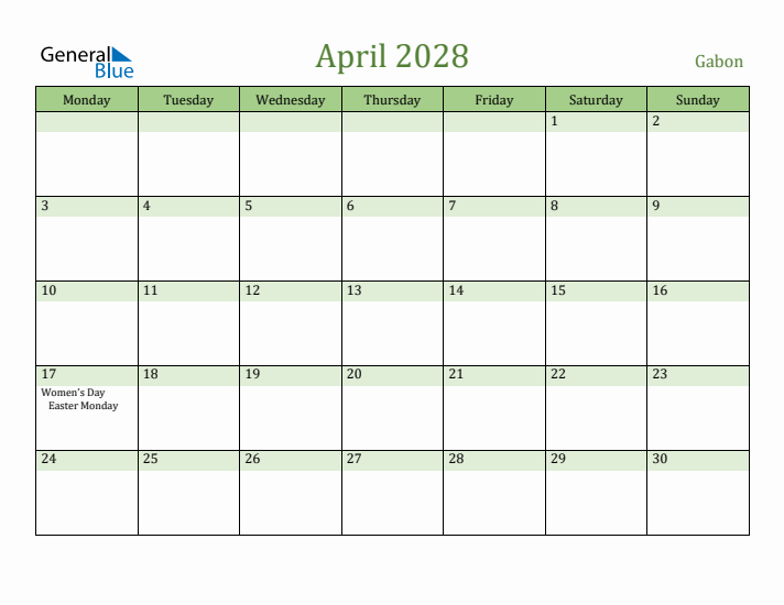 April 2028 Calendar with Gabon Holidays