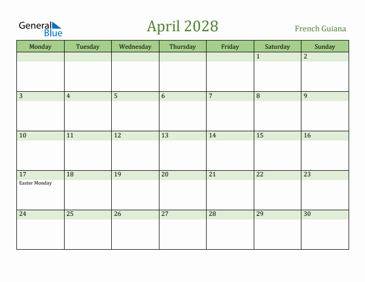 April 2028 Calendar with French Guiana Holidays