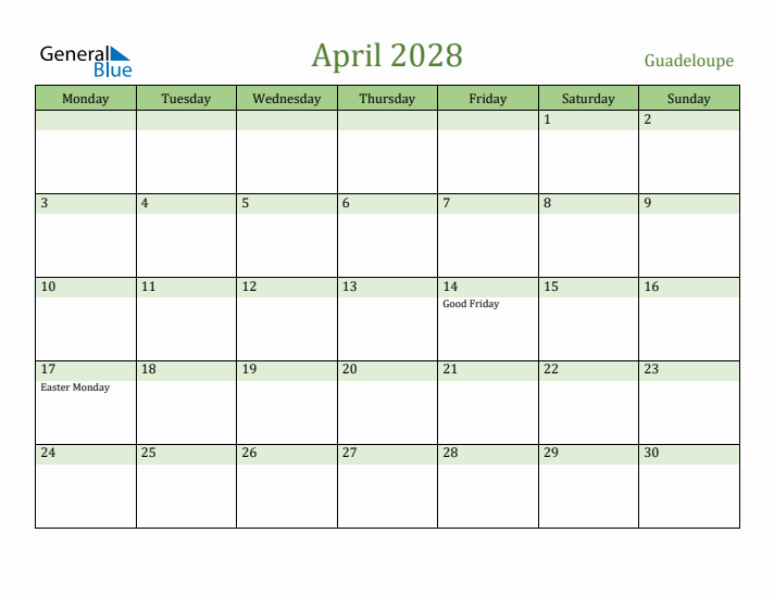 April 2028 Calendar with Guadeloupe Holidays