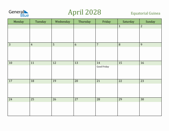 April 2028 Calendar with Equatorial Guinea Holidays