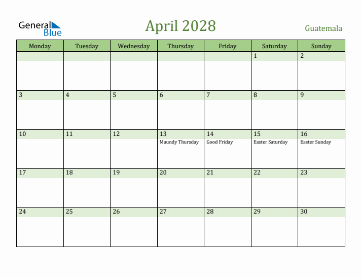 April 2028 Calendar with Guatemala Holidays