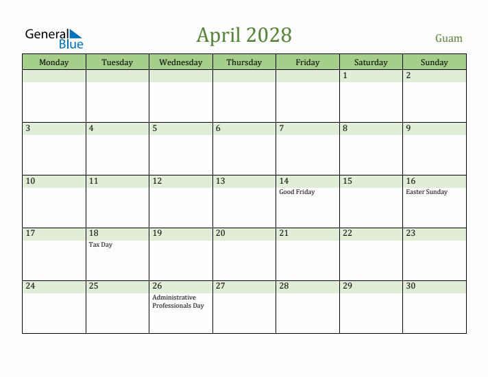 April 2028 Calendar with Guam Holidays